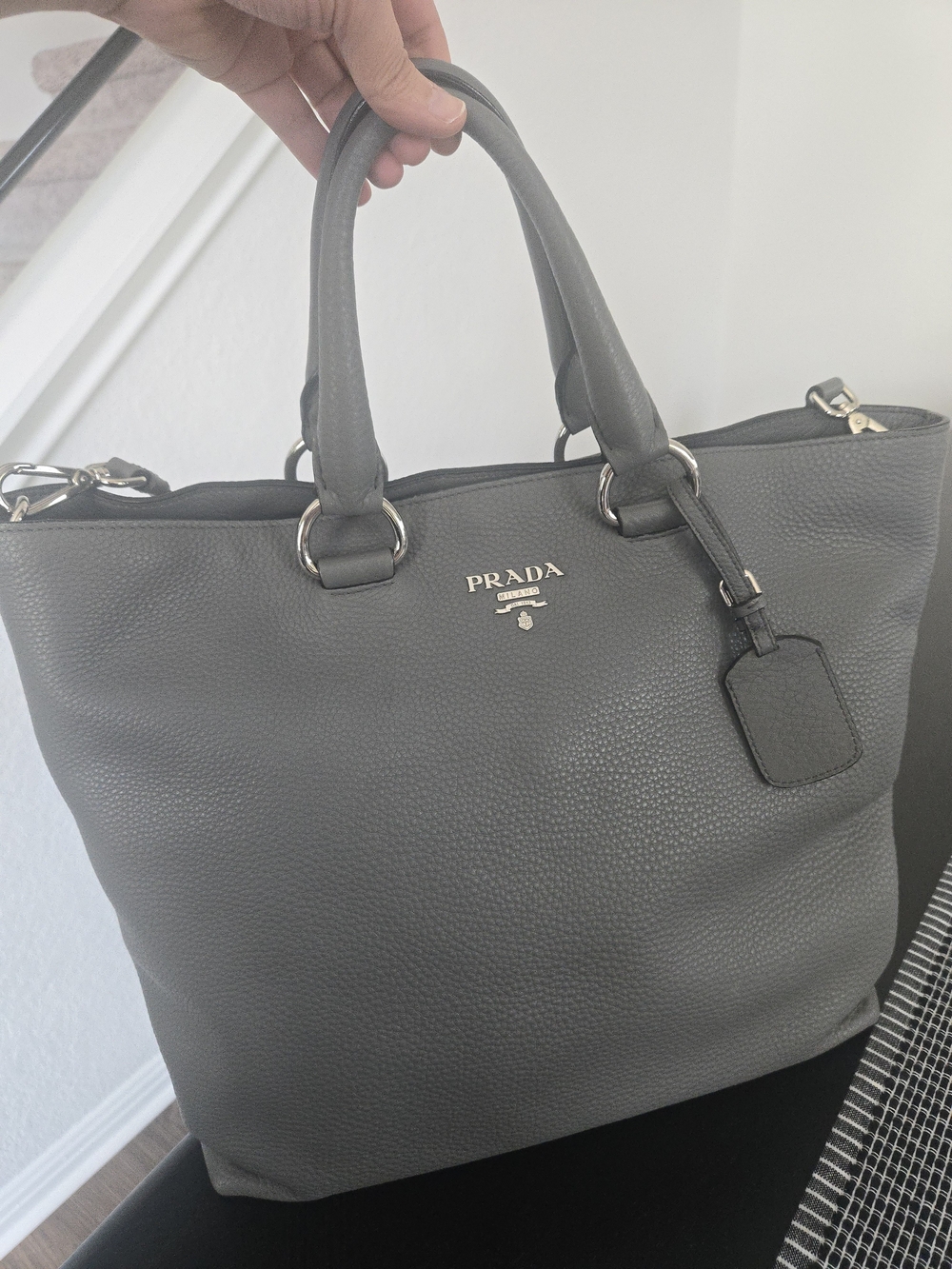 Prada Pebbled Leather Tote Bag in Gray